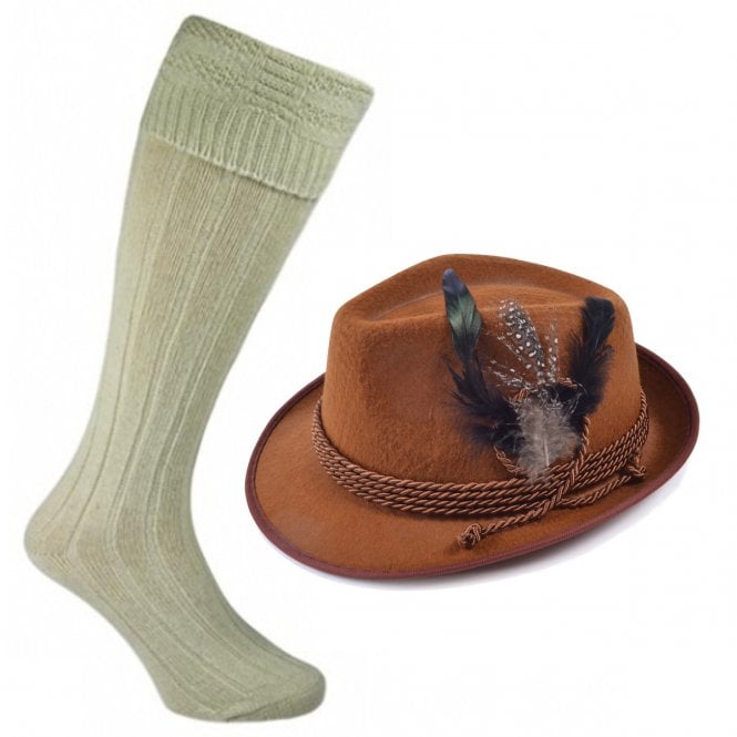 Adult 1 x Brown Oktoberfest Bavarian Hat + 1 x Cream Wool Blend Socks