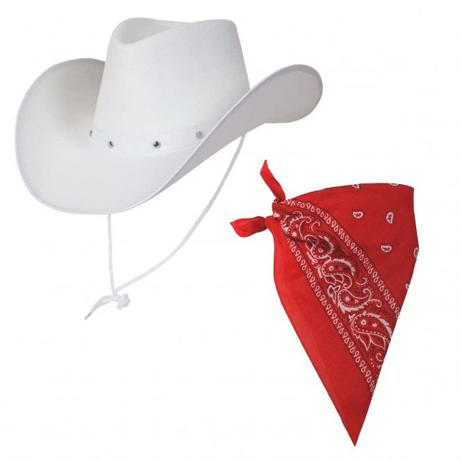 Adult 1 x White Texan Cowboy Hat + 1 x Red Bandana 