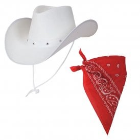 Adult 1 x White Texan Cowboy Hat + 1 x Red Bandana 