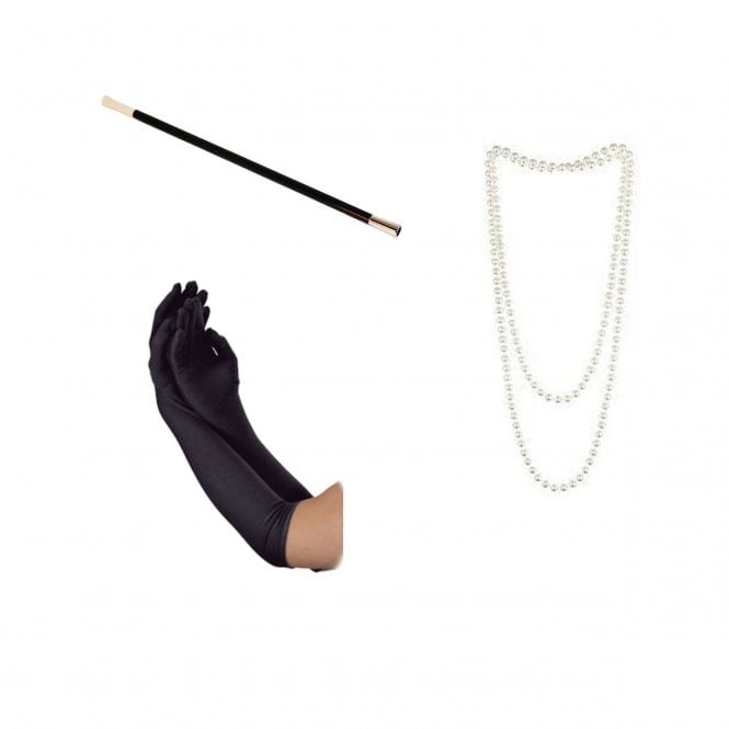 Adult 1920's Flapper Kit (Pearl Necklace, Long Black Gloves, Cigarette Holder) 