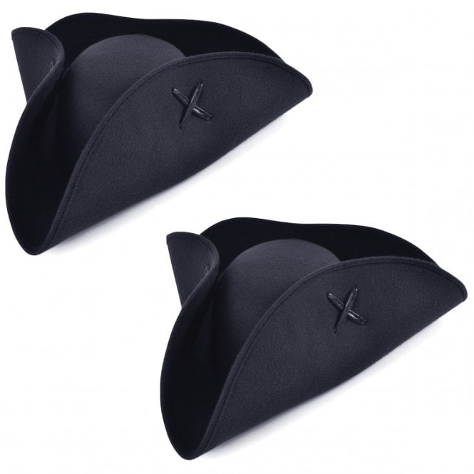 2 x Black Pirate Tricorn (Wool Felt) Hats - Adult Accessory Set
