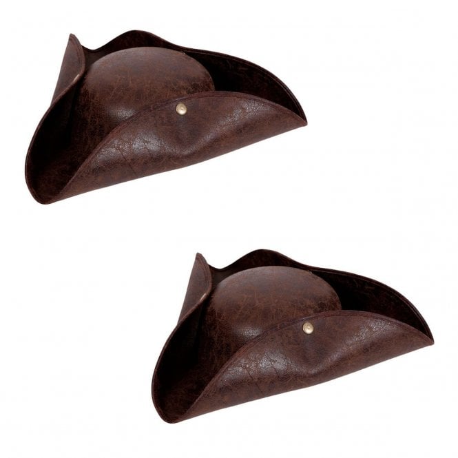 Adult 2 x Brown Distressed Faux Leather Pirate Tricorn Hats