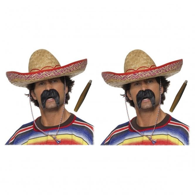 Adult 2 x Mexican Sombrero + 2 x Gringo Tash + 2 x Fake Cigar (6-Piece)
