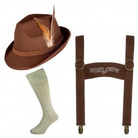 Adult 3-Piece Oktoberfest Braces + Brown Bavarian Hat + Cream Wool Blend Socks 