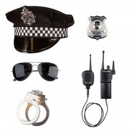 Adult 3-Piece Police Officer Accessory Kit (UK Hat + Radio Set + Instant Cop Set)