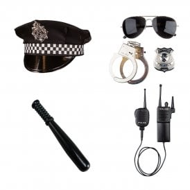 Adult 4-Piece Police Officer Accessory Kit (UK Hat + Truncheon + Radio Set + Instant Cop Set)