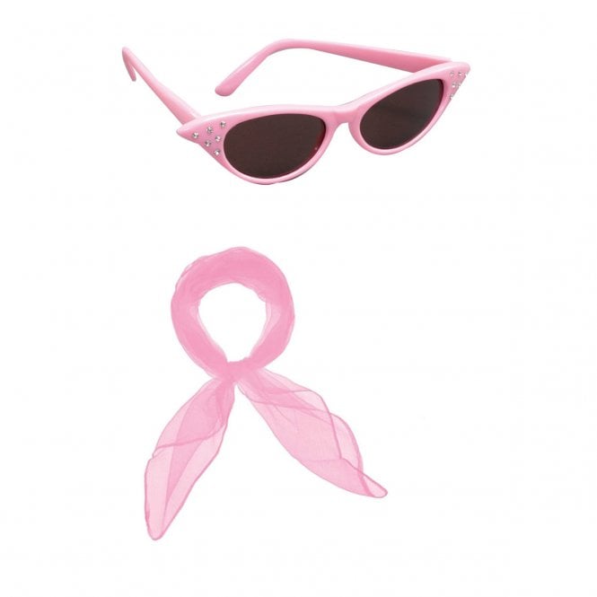 Adult 50's Pink Flyaway Sunglasses & Pink Chiffon Scarf 