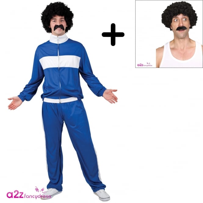 Adult 80's BLUE Retro Tracksuit + Shifty Guy Wig & Tash