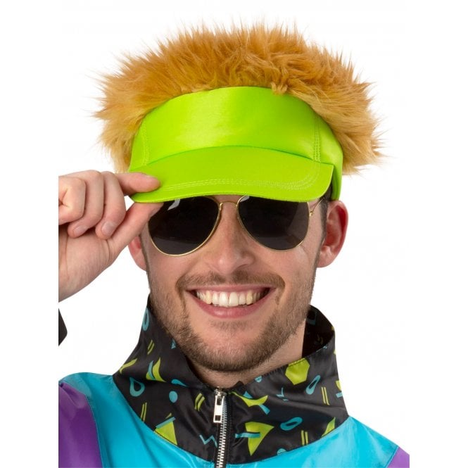 Adult 80's Neon Green Golfer Style Visor Hat with Hair