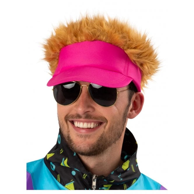 Adult 80's Neon PINK Golfer Style Visor Hat with Hair