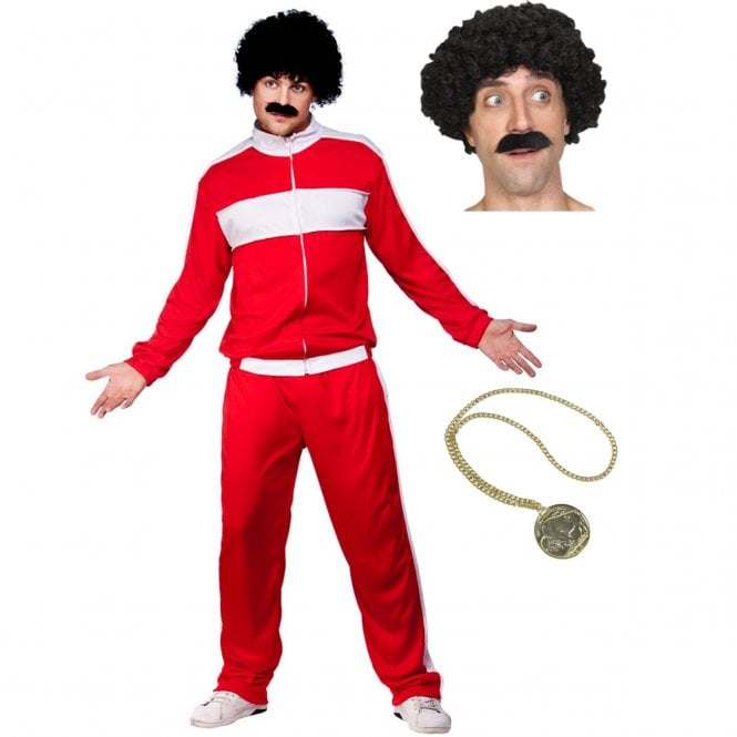 Adult 80's RED Retro Tracksuit + Shifty Guy Wig & Tash + Gold Medallion