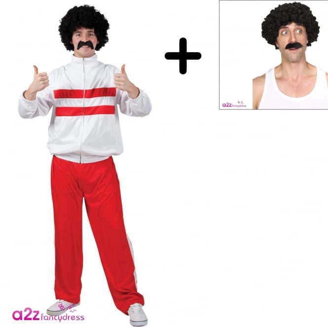 Adult 80's WHITE Retro Tracksuit + Shifty Guy Wig & Tash