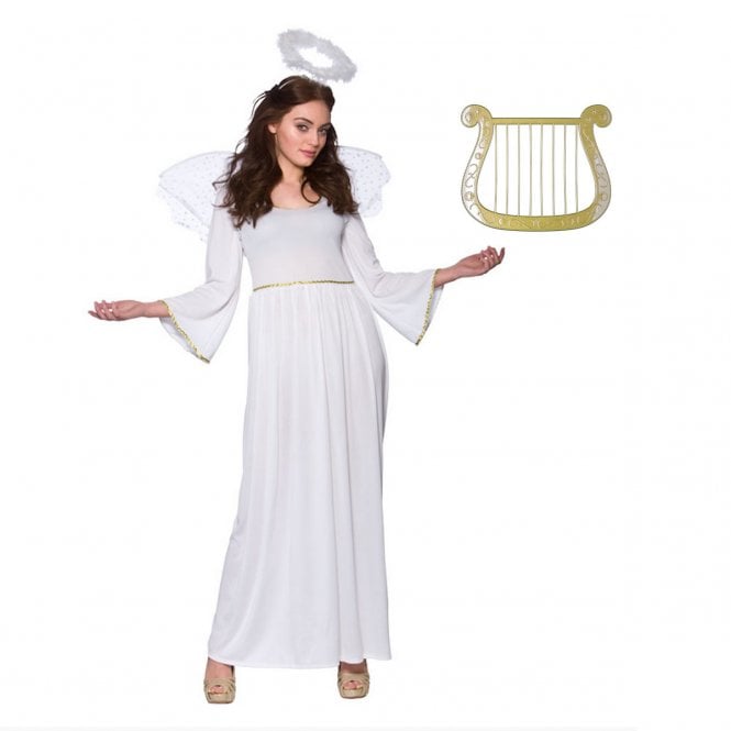 Adult Angel + Gold Harp (Dress, Wings, Halo, Harp)