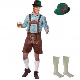 Adult Authentic Suede Lederhosen + Cream Wool Blend Socks + GREEN Bavarian Hat