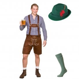 Adult Authentic Suede Lederhosen + GREEN Socks + GREEN Bavarian Hat 