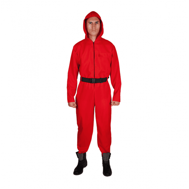 Adult Bank Robber Red Hooded Jumpsuit with Belt 