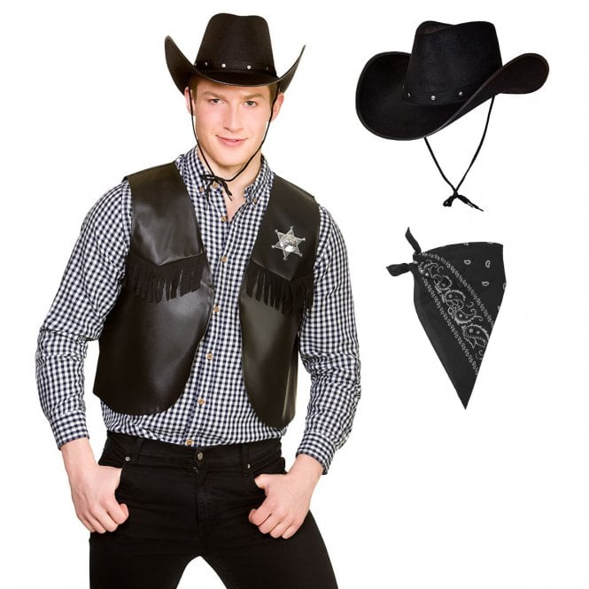 Adult Black Cowboy Waistcoat + Black Texan Cowboy Hat + Black Bandana