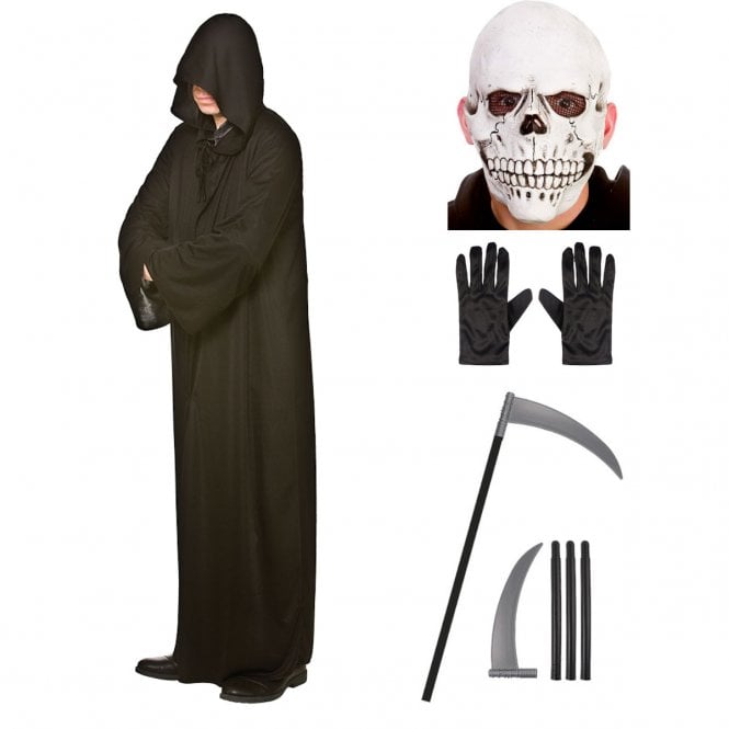 Adult Black Hooded Robe + Latex Skull Mask + Black Gloves + Scythe 