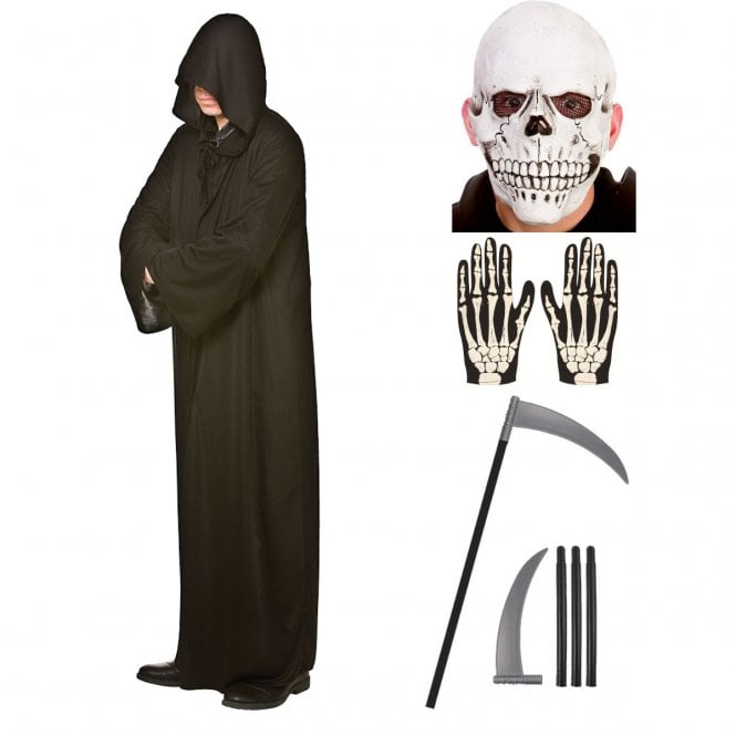Adult Black Hooded Robe + Latex Skull Mask + Skeleton Gloves + Scythe 