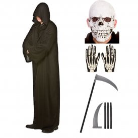 Adult Black Hooded Robe + Latex Skull Mask + Skeleton Gloves + Scythe 