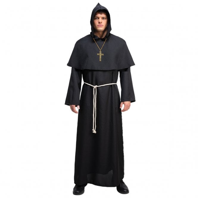 Adult BLACK Medieval Monk + Gold Cross on Chain