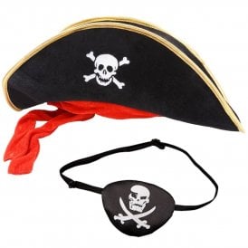 Adult Black Pirate Hat w Red Bandana + Skull & Crossbones Eyepatch