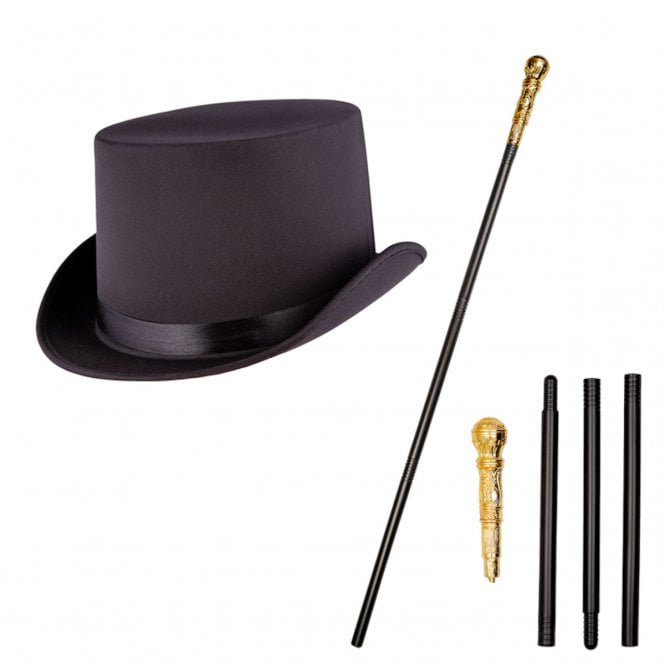 Adult Black Satin Top Hat + 4-Piece Gold Topped Cane 