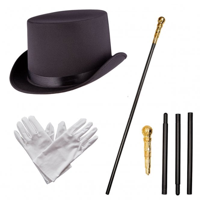 Adult Black Satin Top Hat + 4-Piece Gold Topped Cane + White Gloves