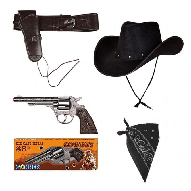 BLACK Texan Cowboy Hat + BLACK Bandana + BROWN DELUXE Cowboy Holster + Metal Gun