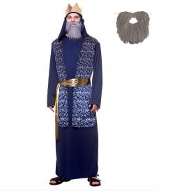 Adult Blue Wise Man + GREY BEARD (Robe, Belt, Headpiece, Crown, Beard)