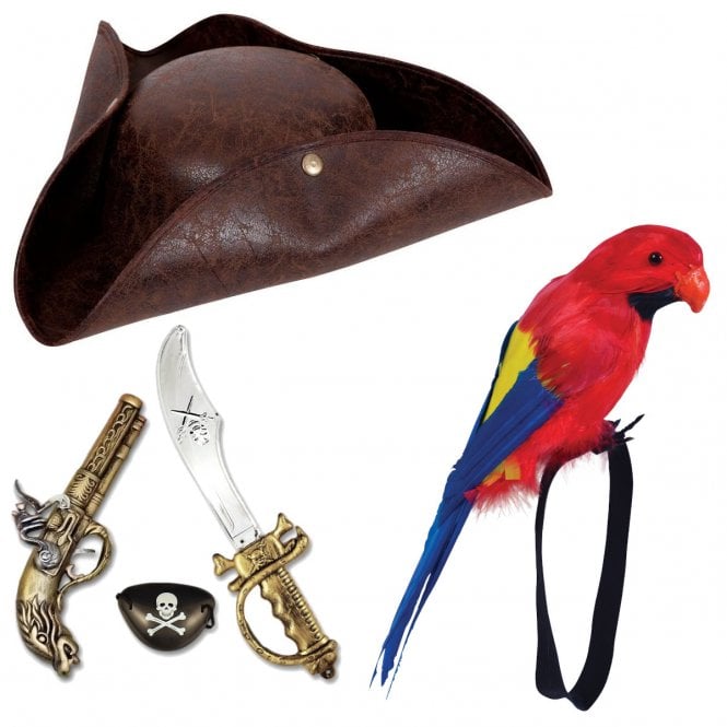 Adult Brown Distressed Leather Pirate Hat + Feather Wrist Parrot + Cutlass, Pistol & Eyepatch Set