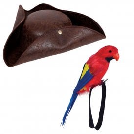 Adult Brown Distressed Leather Pirate Hat + Feather Wrist Parrot 