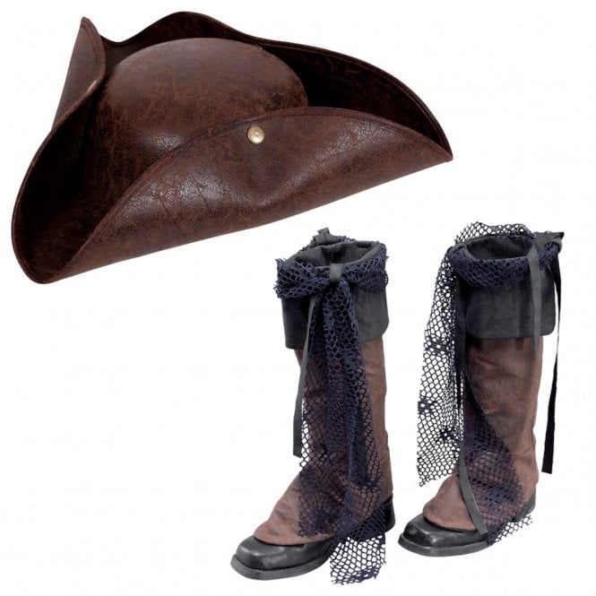 Adult Brown Distressed Leather Pirate Hat + Pirate Boot Tops