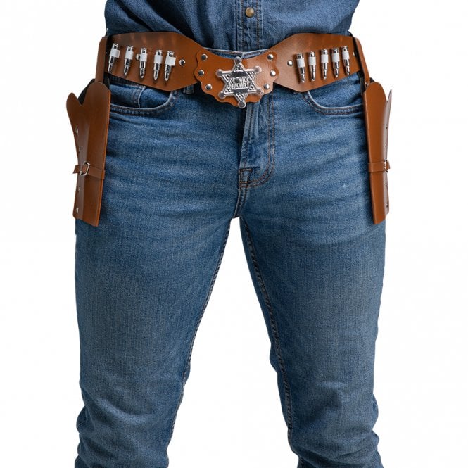 Adult Brown Plastic Cowboy Belt with Double Holsters 