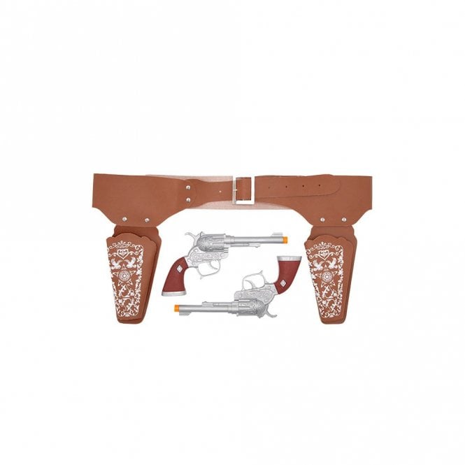 Adult Brown Plastic Cowboy DOUBLE Holsters AND DOUBLE Guns Set