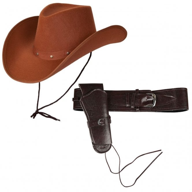 Adult Brown Texan Cowboy Hat + Deluxe Cowboy Holster