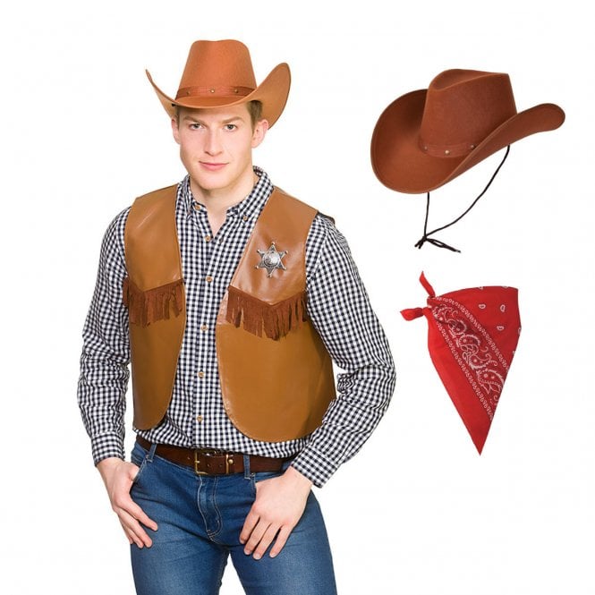Adult Brown Texan Cowboy Hat + Red Bandana + Brown Waistcoat 