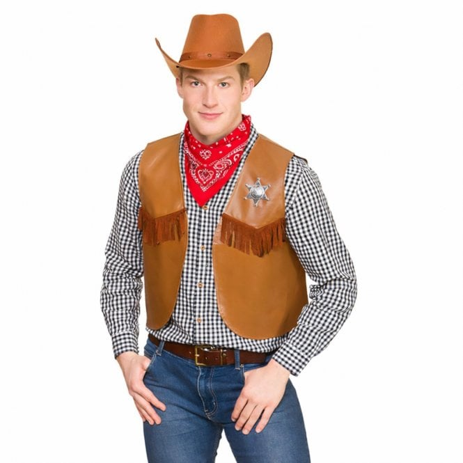 Adult Brown Texan Cowboy Hat + Red Bandana + Brown Waistcoat 