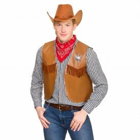Adult Brown Texan Cowboy Hat + Red Bandana + Brown Waistcoat 