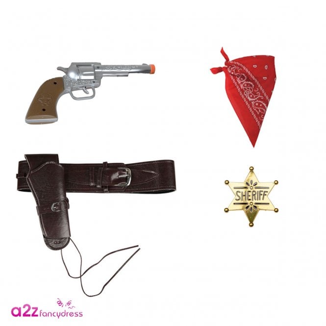 Adult Brown Texan Cowboy Holster + Plastic Hand Gun + Red Bandana + Gold Sheriff Badge