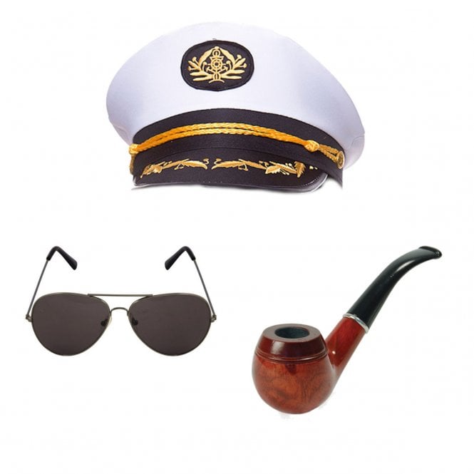 Classic White Captain Hat + Pipe + Aviator Glasses
