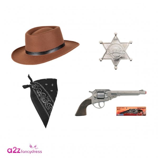 Adult Cowboy Gunslinger Hat + Black Bandana + Silver Sheriff Badge + Metal Cap Gun 