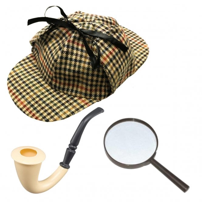 Adult Deerstalker Hat + Pipe + Magnifying Glass