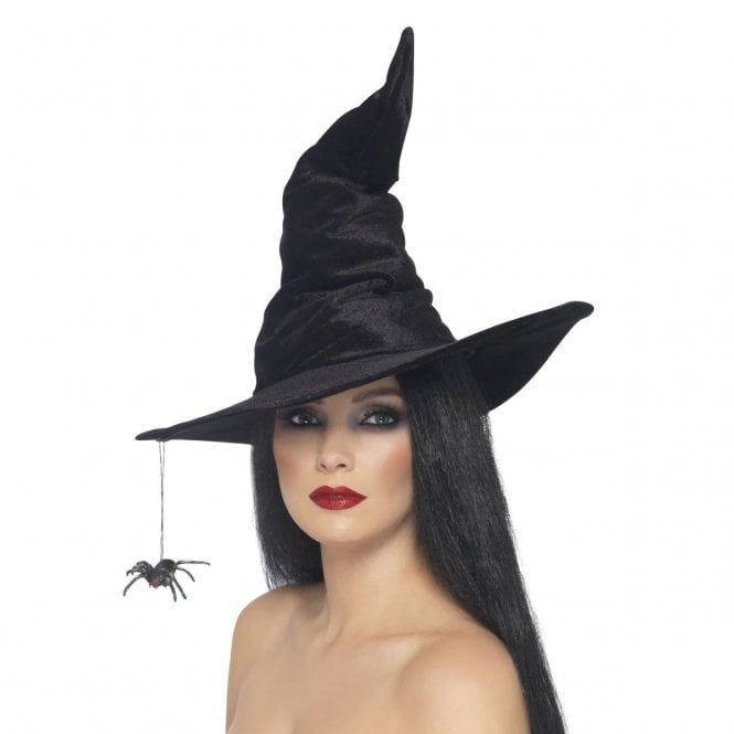 Adult Deluxe Black Velour Witch Hat with Spider