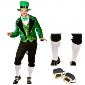 Adult Deluxe Leprechaun + White Knee Socks + Shoe Buckles (3-Piece Set)