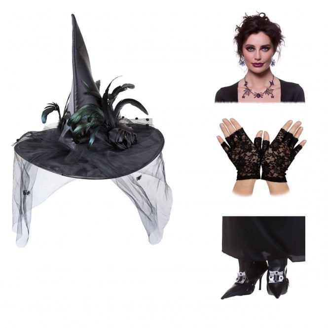Adult Deluxe Witch Hat + Spider Web Earrings & Necklace Set + Fingerless Gloves + Witch Shoecovers