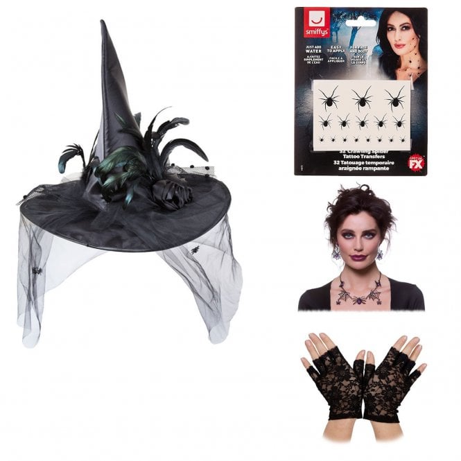 Adult Deluxe Witch Hat + Spider Web Earrings & Necklace Set + Spider Transfers + Fingerless Gloves