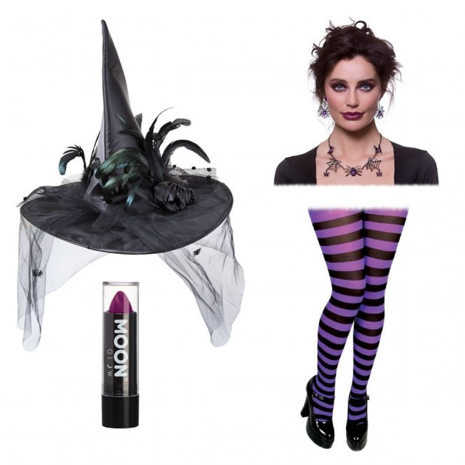 Adult Deluxe Witch Hat + Witch Earrings & Necklace + Purple Lipstick + Purple & Black Tights