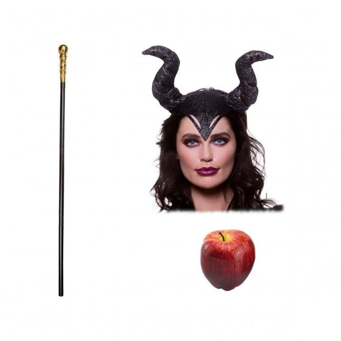 Adult Evil Queen Black Gothic Horns + Cane + Apple