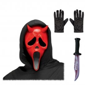 Adult Fun World® Devil Face RED Mask with Hood + Bloody Blade + Black Gloves